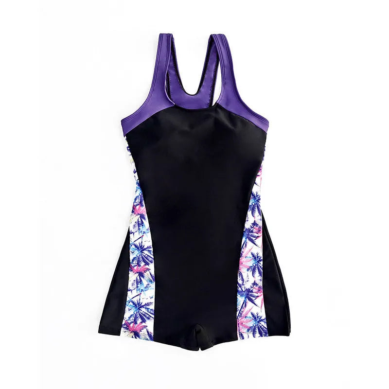 Women's printed one-piece swimsuit with backless cut-out, sleeveless polyester design in purple, green or blue