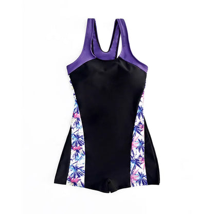 Women's printed one-piece swimsuit with backless cut-out, sleeveless polyester design in purple, green or blue
