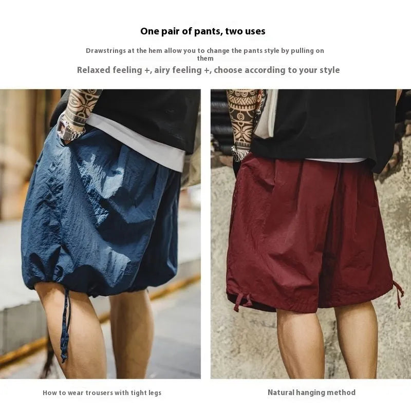 Men's Prussian Blue nylon beach shorts with embroidery and loose fit