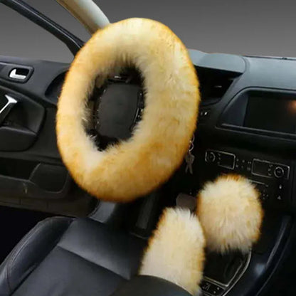 Wool steering wheel cover and handle cover set for car interiors