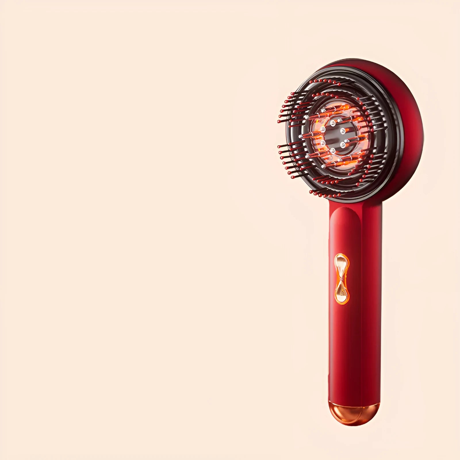 Black handheld plastic massage hair comb with red and blue lights on, showing teeth and Type-C charging port.