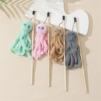 Octopus-themed furry cat toy attached to a long stick, shown in pink colour.