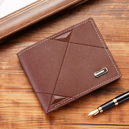 Men's three-fold PU leather wallet with multiple card slots in black, brown and dark coffee colours