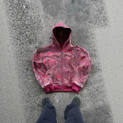 Men's loose blue hooded zip coat with digital printing showing front view