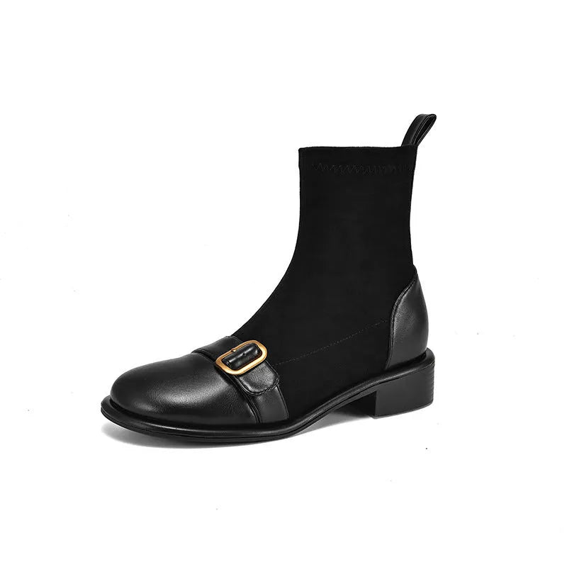 Women's black casual martin boots with low heel, lace-up front, and belt buckle stitching detail