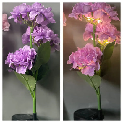 Solar powered hydrangea shaped garden floor light with rubber body in pink purple blue green or white