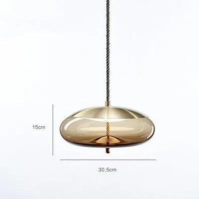 Glass chandelier with twine design, 30cm by 30.5cm, LED warm light, 220V, in amber, water blue, or smoke grey.
