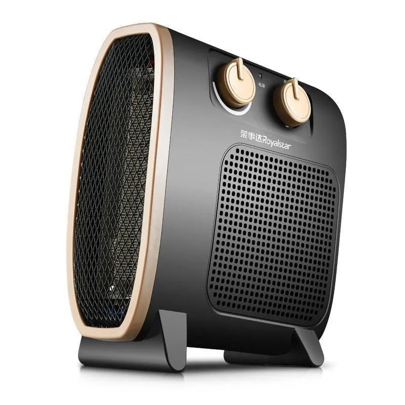 White electric heater fan with mechanical dial controls on a wooden floor.