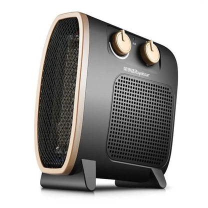 White electric heater fan with mechanical dial controls on a wooden floor.
