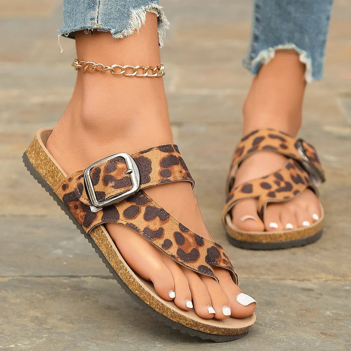 Leopard print Roman style slippers with wooden sole and round toe design