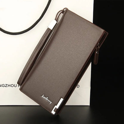 Men's long black PU leather zip wallet open showing card slots and cash compartment