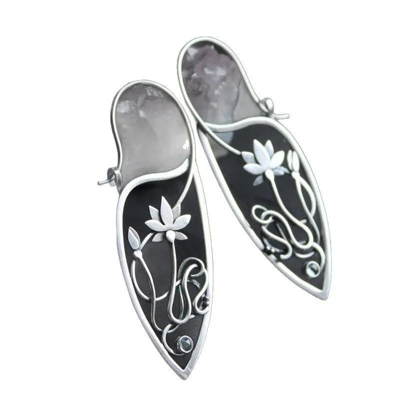 Silver lotus vine design women's earrings with geometric rhinestone details on electroplated alloy