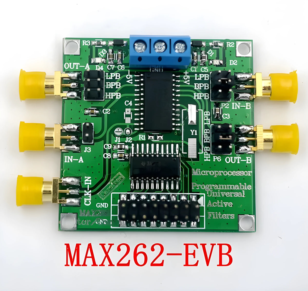 MAX262 active filter module, green PCB, 50x50mm, with pins for power, clock, and signal connections.