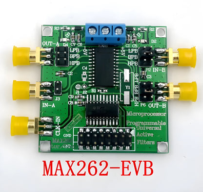 MAX262 active filter module, green PCB, 50x50mm, with pins for power, clock, and signal connections.