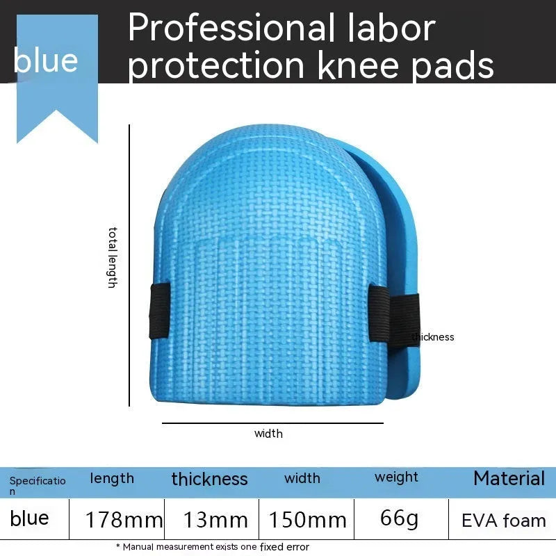 A pair of thick EVA foam kneepads in blue, shown on a tile floor.