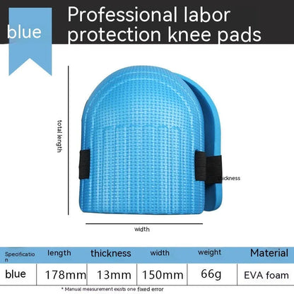 A pair of thick EVA foam kneepads in blue, shown on a tile floor.