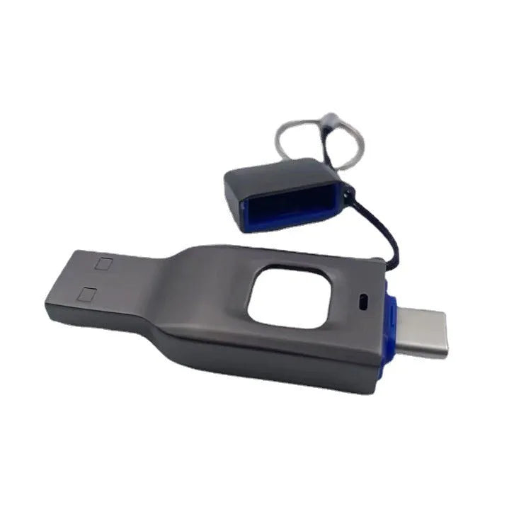 Black fingerprint encrypted USB flash drive showing USB 3.0 and Type-C interfaces on metal casing