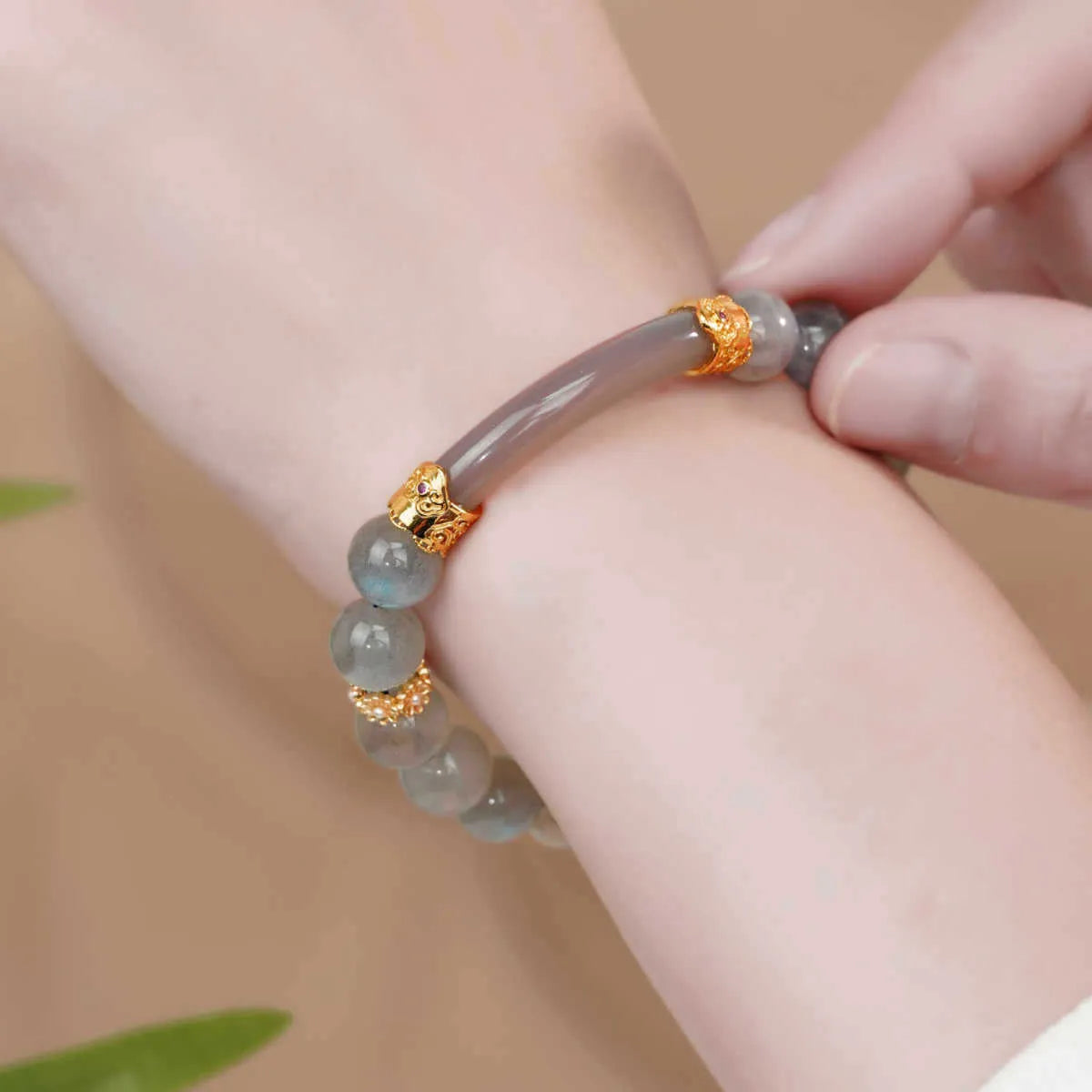 Women's grey moonstone half bracelet with 8mm round beads in simple handmade design
