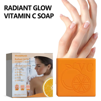 A 100g white bar of whitening soap containing kojic acid and vitamin C for skin brightening.