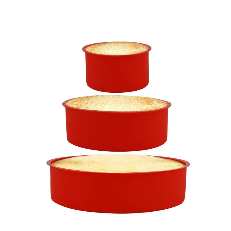 Red round silicone cake mould set showing 4-inch, 6-inch, and 8-inch sizes for baking trays