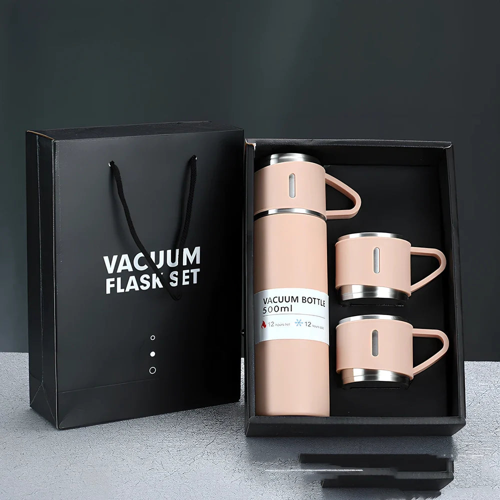 Pink stainless steel vacuum water cup with straight design showing 500ml capacity and gift box packaging