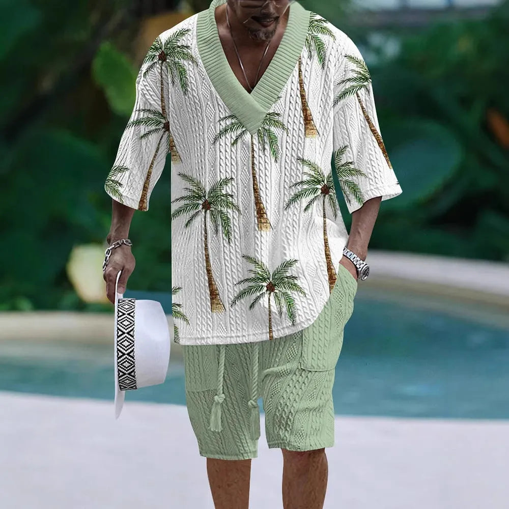 Men's casual short sleeve polyester suit set with loose fit top and matching shorts