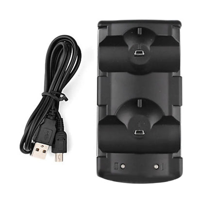 Black PS3 dual charging dock and stand for wireless controllers with USB port.