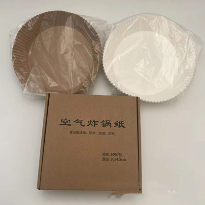 Disposable air fryer liners made from high-quality parchment paper, designed to keep your air fryer clean and your meals healthy