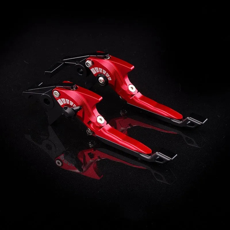 Pair of anodised metal bicycle brake horn handle levers with adjustable reach, shown in a two-tone colour finish.
