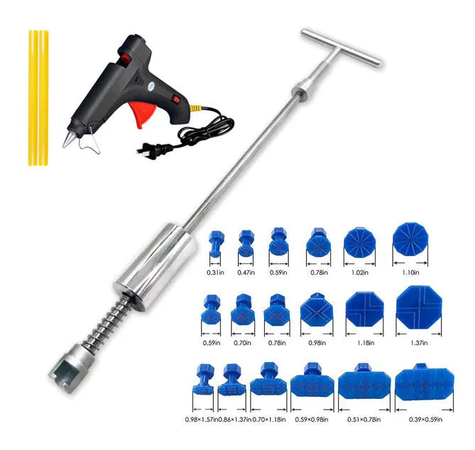 Automotive dent repair tool kit with metal T-shaped hammer and blue adhesive pullers