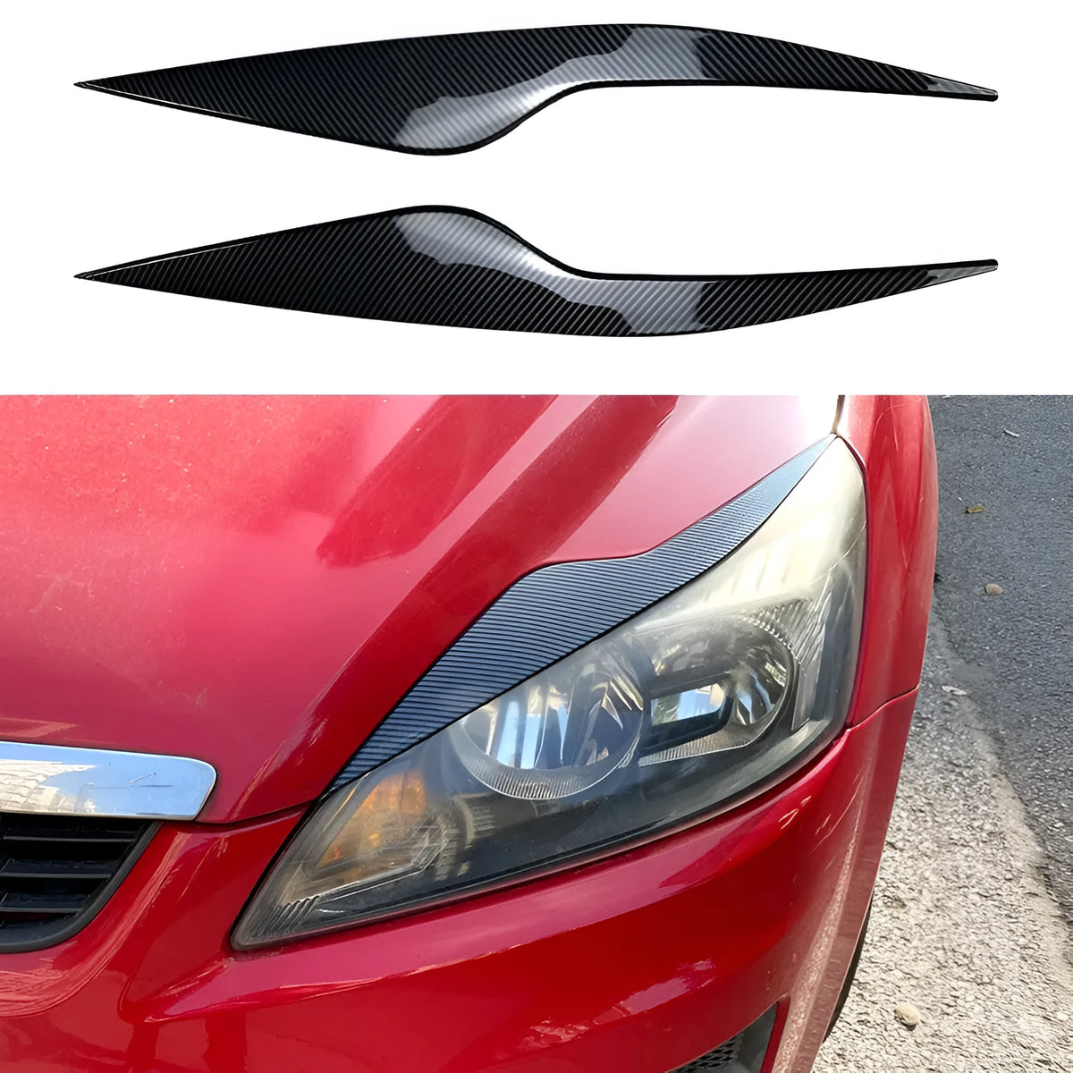 Ford Focus headlight eyebrow stickers in ABS plastic with carbon fibre pattern or piano black finish