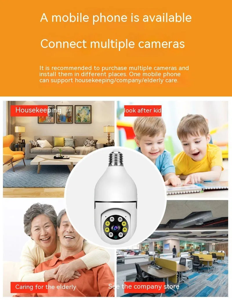White wireless bulb security camera with E27 base, showing lens and compact 5cm by 12cm size.