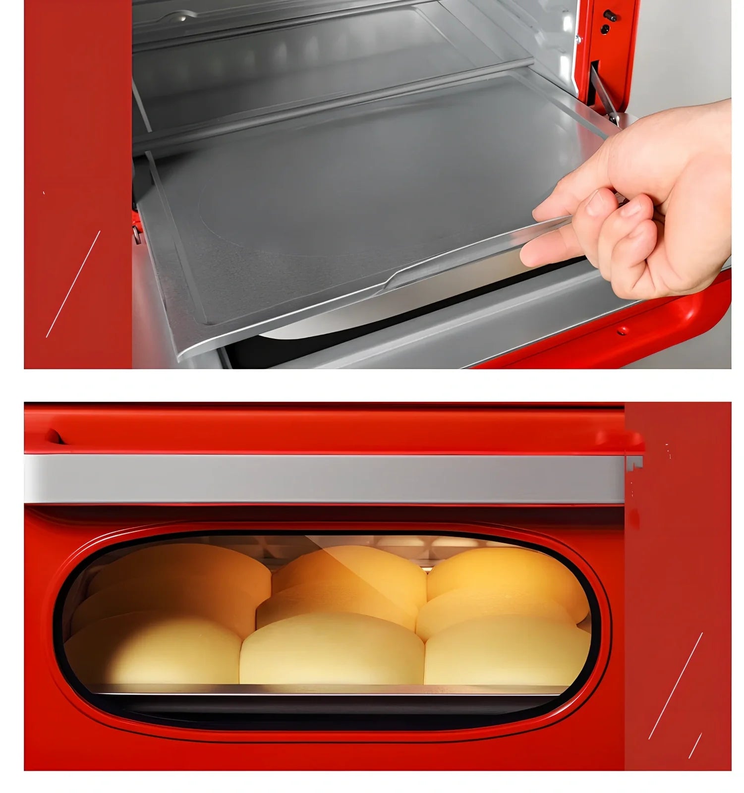 Red compact electric oven air fryer with mechanical knobs, 21-30 litre capacity, 414x383x332mm dimensions