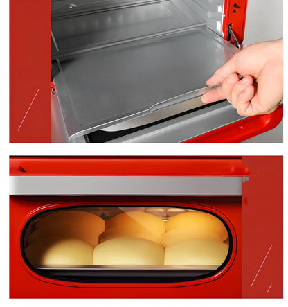 Red compact electric oven air fryer with mechanical knobs, 21-30 litre capacity, 414x383x332mm dimensions