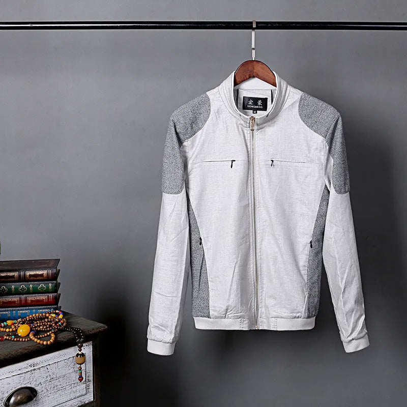 Men's thin linen jacket in cotton, shown in blue, grey, or green, available in sizes M to 6XL.