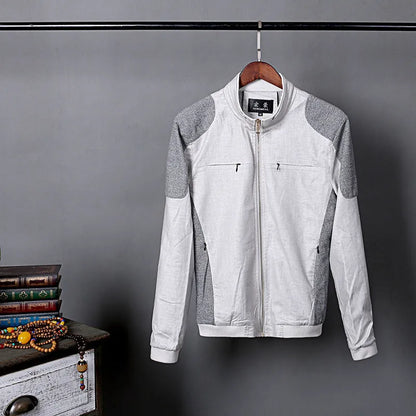 Men's thin linen jacket in cotton, shown in blue, grey, or green, available in sizes M to 6XL.