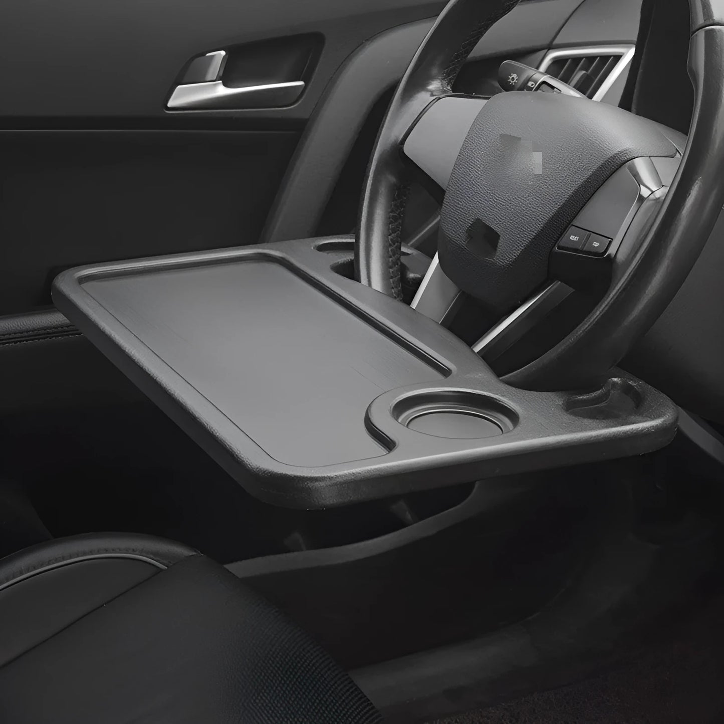 Black plastic car desk tray measuring 42cm by 28cm for vehicle organisation and mobile workspace