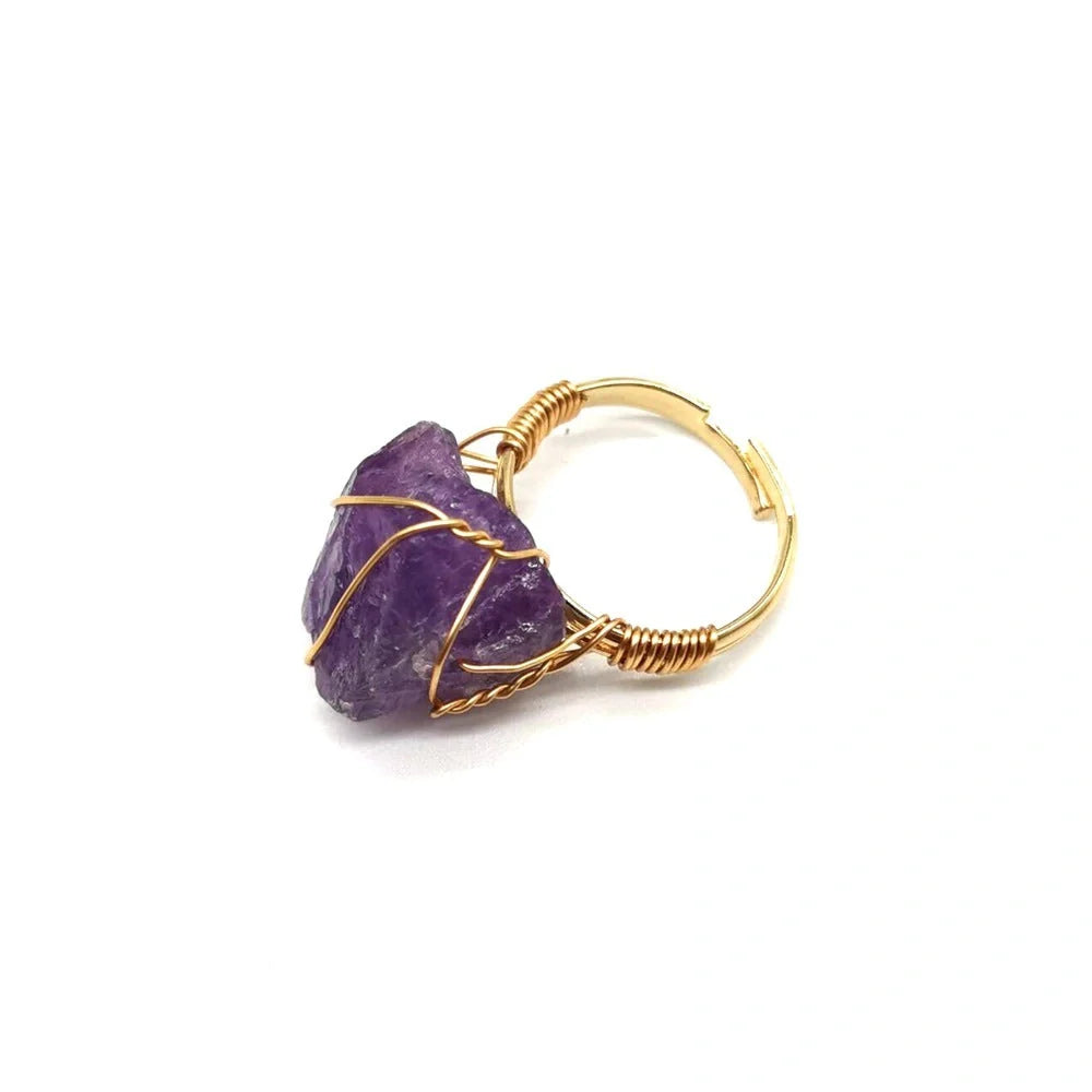 Adjustable hand-wrapped rough stone agate ring in various colours with ethnic design
