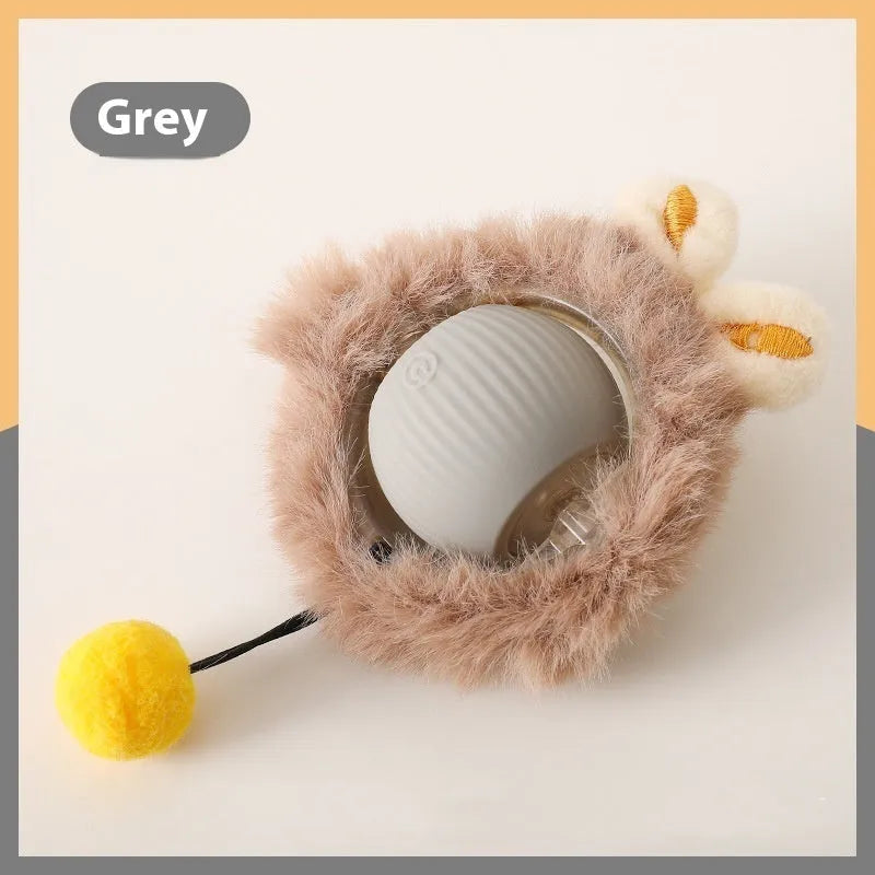 Silicone rolling ball cat toy showing red, green, and grey colour options with self-hi motion mechanism