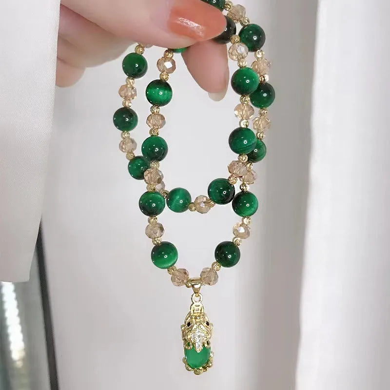 Handcrafted Tigereye stone bracelet with choice of single or double chain in green or rose red colours