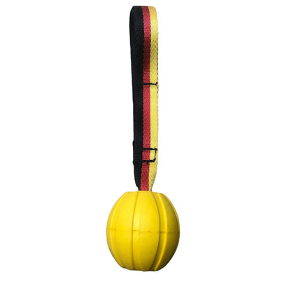 Yellow and camouflage coloured EVA foam floating dog balls with strings in 6.5cm, 7cm, and 9cm sizes.