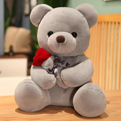 Rose bear plush stuffed animal pillow in beige, brown, or grey colours with soft short plush material