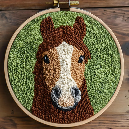 Beginner embroidery craft suit showing six cartoon designs including turtle, sheep, horse, fox, butterfly, and mermaid patterns