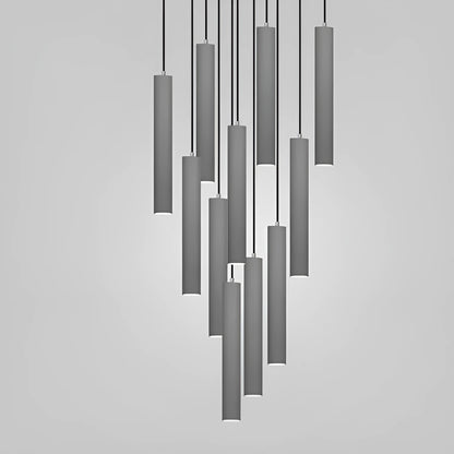 Modern cement rod chandelier with marble body and adjustable suspension hanging from a ceiling