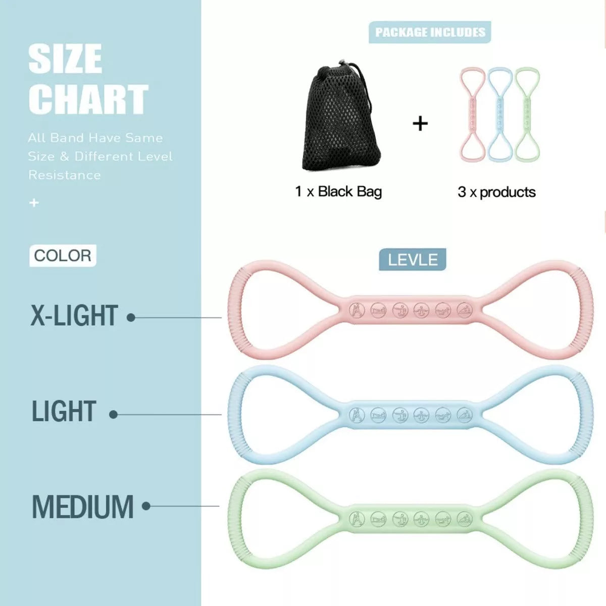 8-character Puller Silicone Yoga Mini Band Kit with Light, Medium, and Heavy resistance bands