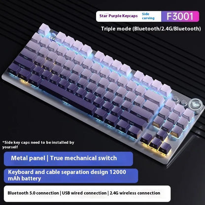 Tarantula wireless mechanical keyboard with side-engraved keycaps and metal chassis on a wooden desk