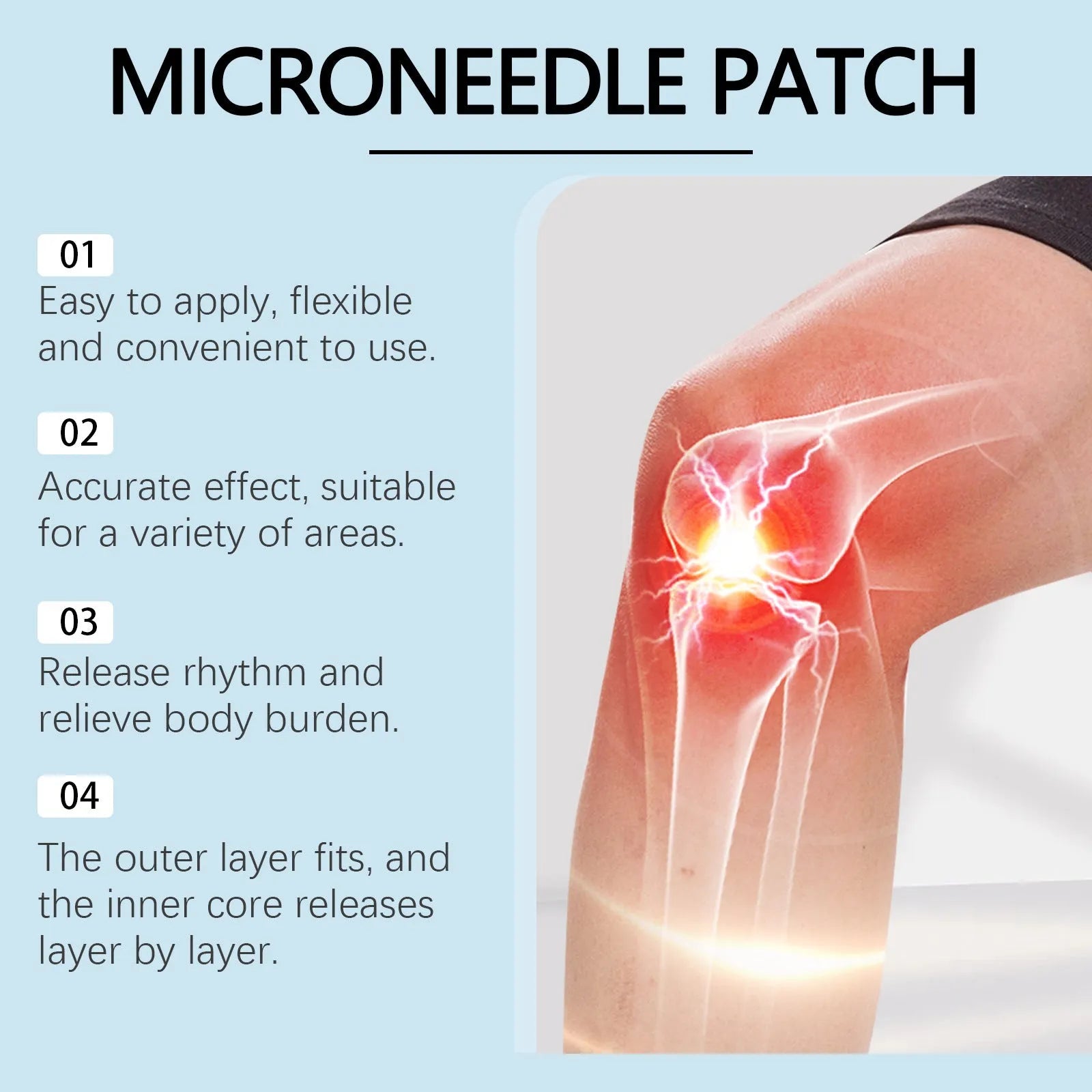 Four hyaluronic acid joint relief microneedle patches with herbal ingredients on a PE backing.
