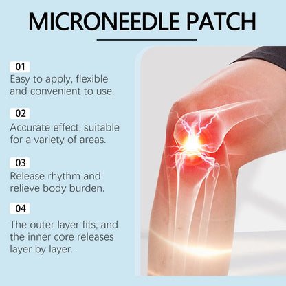 Four hyaluronic acid joint relief microneedle patches with herbal ingredients on a PE backing.