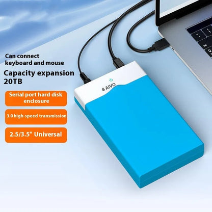 Sabrent black and silver 3.5-inch SATA hard drive enclosure with slide-open cover and USB cable.