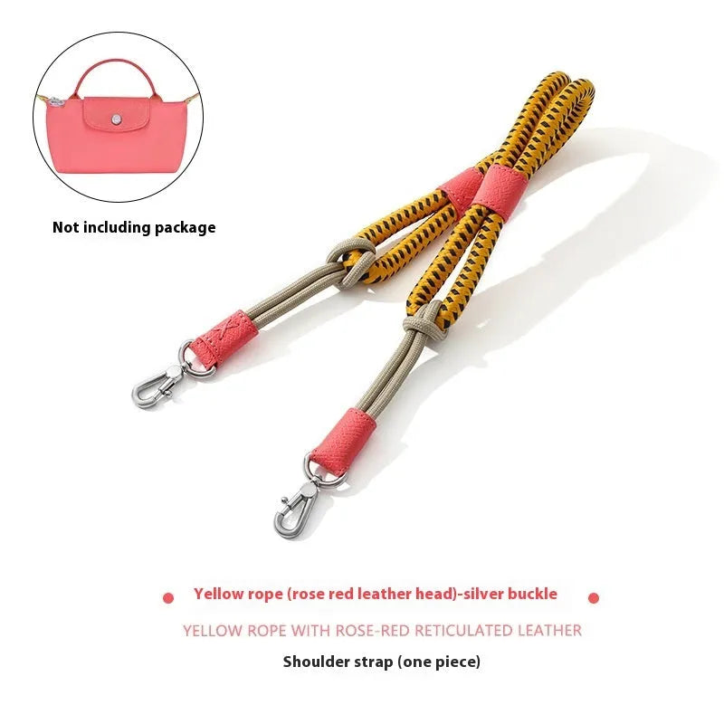 Braided rope and leather shoulder strap with a metal buckle in gold or silver finish